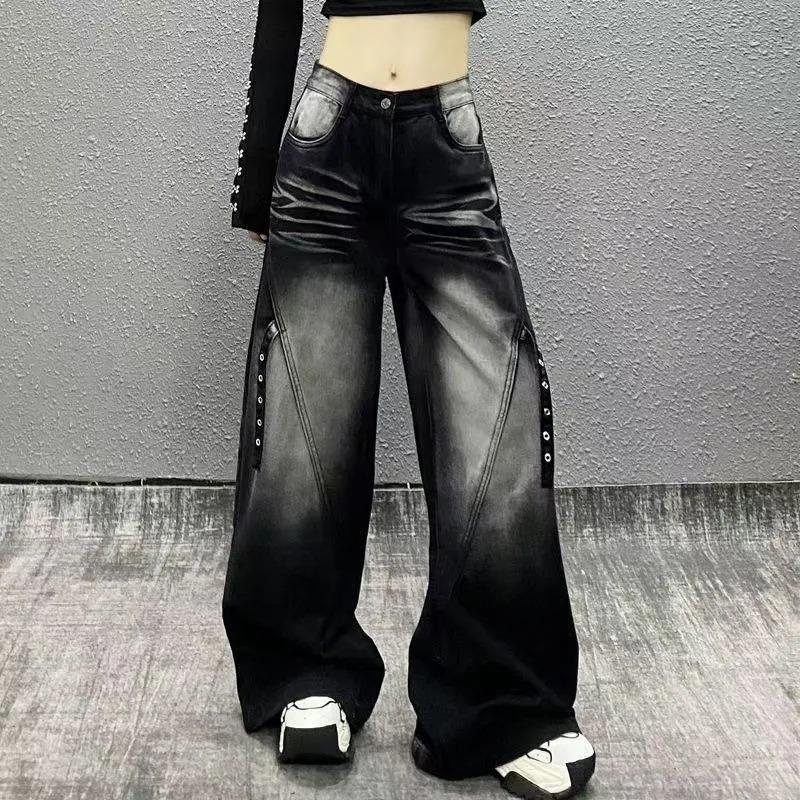 Women Gradient Washed Rivet Decor Wide Leg Denim Pants High Waist Baggy Jeans