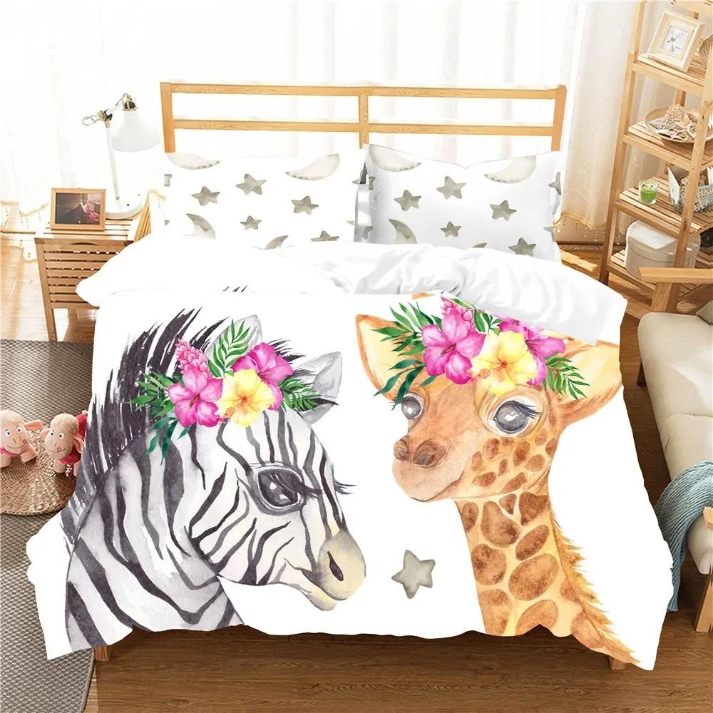 Cartoon Giraffe Duvet Cover King Queen Tropical Animals Bedding Set for Kids Boys Girls Lovely Wildlife Polyester Quilt Cover