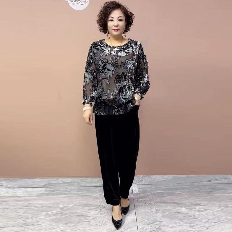 2PCS Pants Suts Spring Summer High-end Women's Printed Plus-Size Silk Blouse Velvet Pants Two-Piece Set Loose Flocked Velvet Blouse Velvet Pants Set