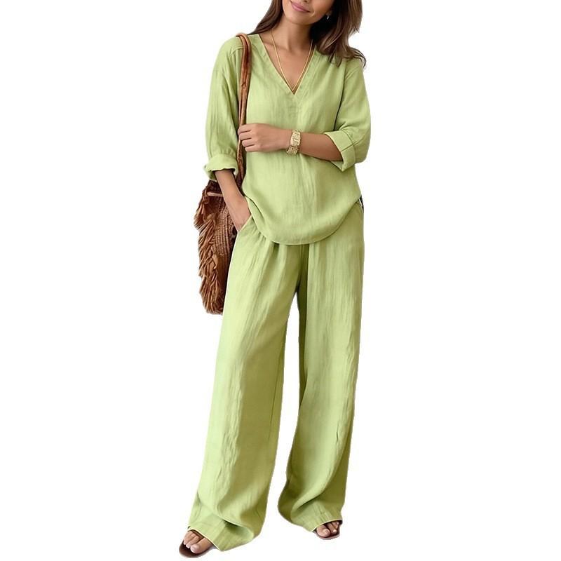 Nuova collezione primavera 2026 abbigliamento donna, Europeo, Americano Amazon cross-border, set di pantaloni larghi a gamba larga tinta unita alla moda e casual
