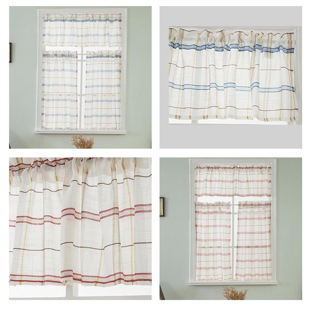 Checked Linen Window Tiers Kitchen Cafe Half Curtains Valance Decoration