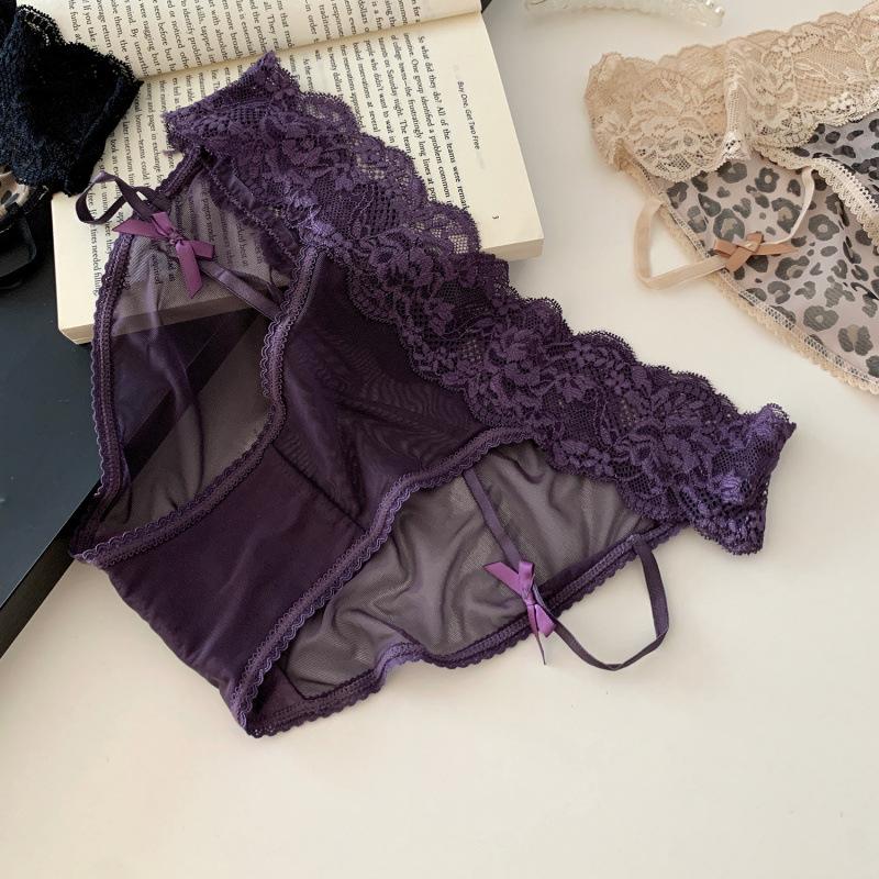 Lady Summer Pure Desire Sexy Lace Bow Leopard Print Ribbon Hollow Low Waist Triangle Briefs