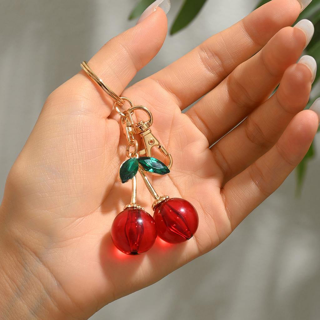 Sweet Cherry Keychain With Green Rhinestone Leaves Gold Color Keychain For Gift - Giving Occasions