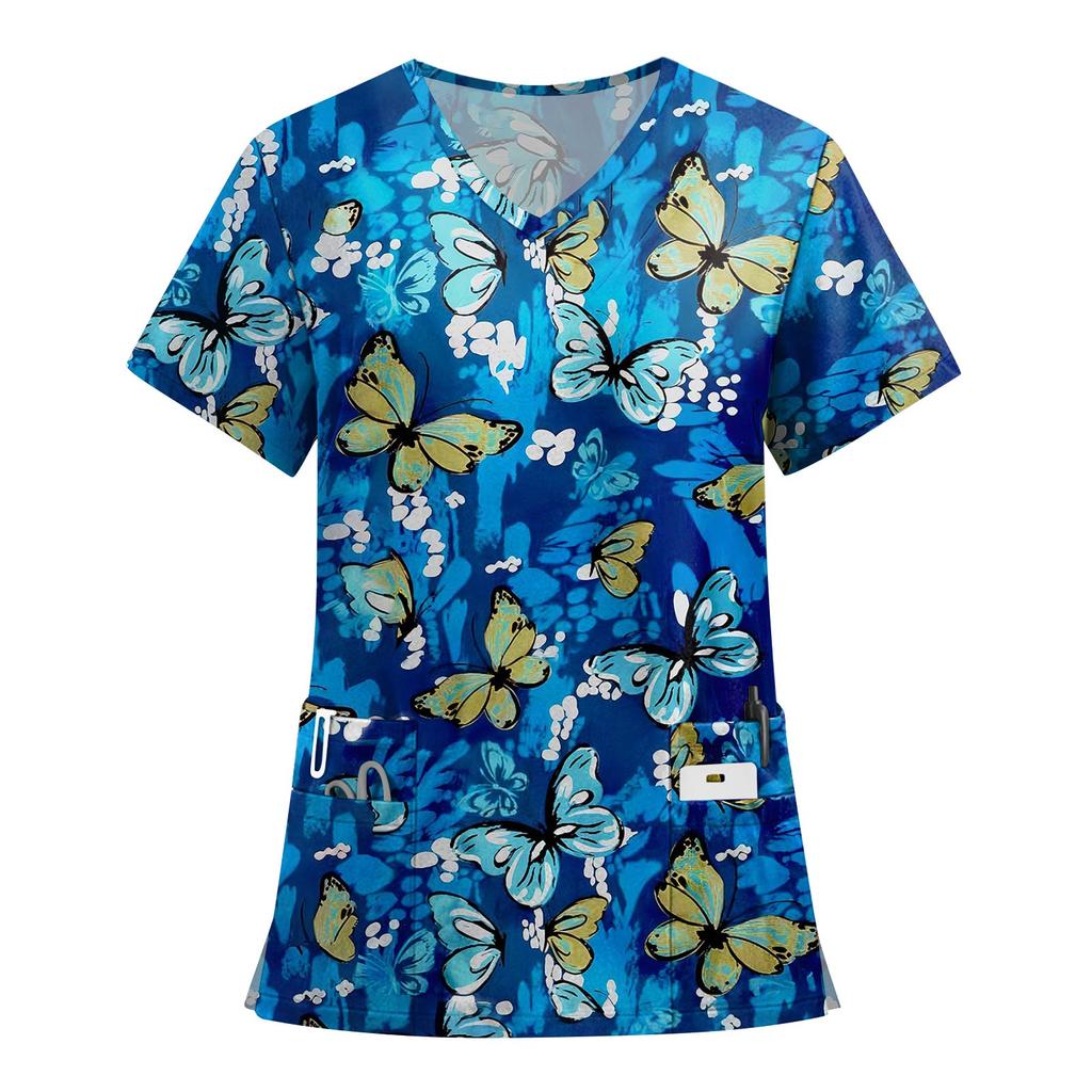 Women's Fashion Printed Short Sleeve V Neck Pattern Tops Pocket Working T-shirts