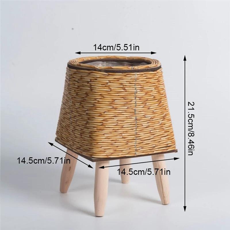 AD23-Vintage Imitation Rattan Woven Flower Shelf Planters Handmade Storage Basket With Wooden Legs Plant Pot Stand Holder Durabl