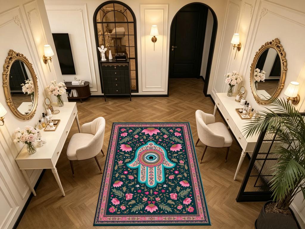 Hamsa Hand Evil Eye Floral Carpet Flooring Boho Oriental Vintage Framed Art Printed Square Floor Rug for Household Space Decorat