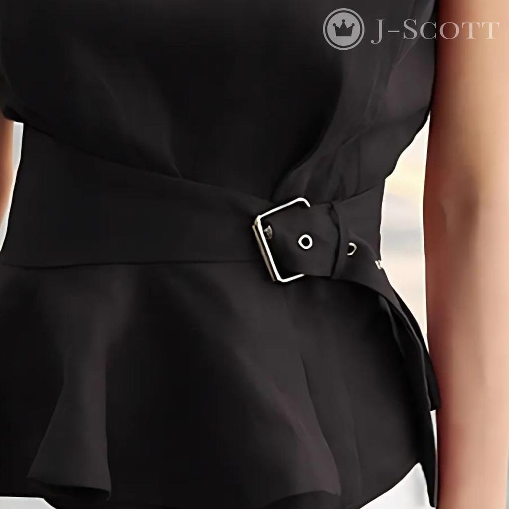 Sleeveless Peplum Round Waist Ruffled Solid Black [J-Scott] Women's Blouse, Neck, Belt, Hem, JS151-BK-XL