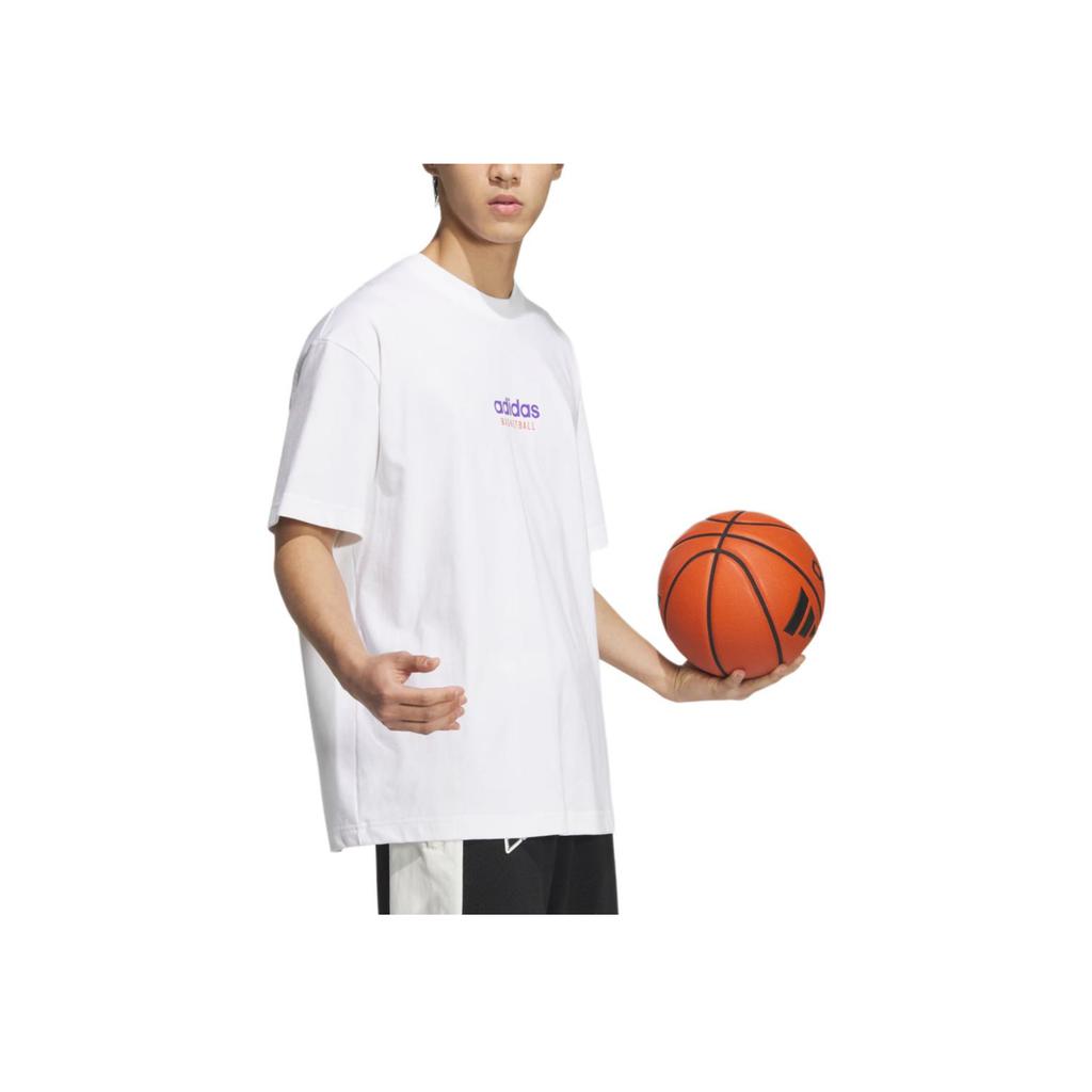 adidas Graphic Play Basketball Letter Print Sport Round Neck Short Sleeve Drop Shoulder T-Shirt Men Tops White JD6402