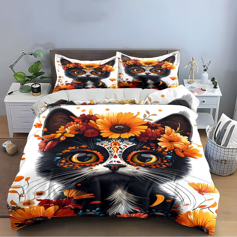 Cat with Floral Crown Bedding Bedding Duvet Cover Set Duvet Cover Pillowcases (1 * Duvet Cover 2 * Pillowcases, Without Duvet Insert)