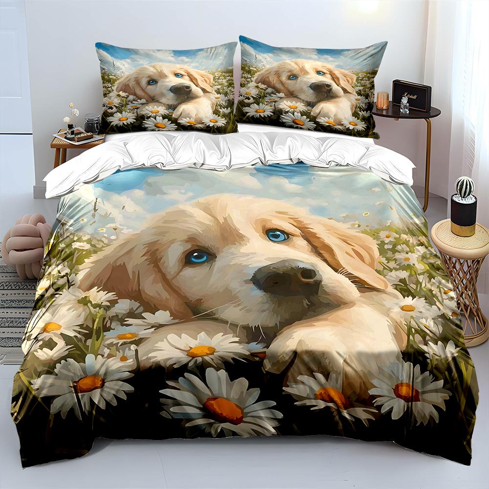 Cute Puppy and Daisies Pattern Bedding Set for Kids Luxury Gift 3pcs Digital Print Comforter Set Soft Comfortable Breathable