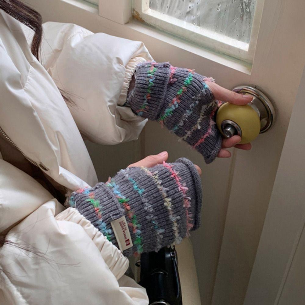 Y2k Streifen Gestrickte Handschuhe Verdickte Fingerlose Fäustlinge Süße Damen Winterhandschuhe Damen