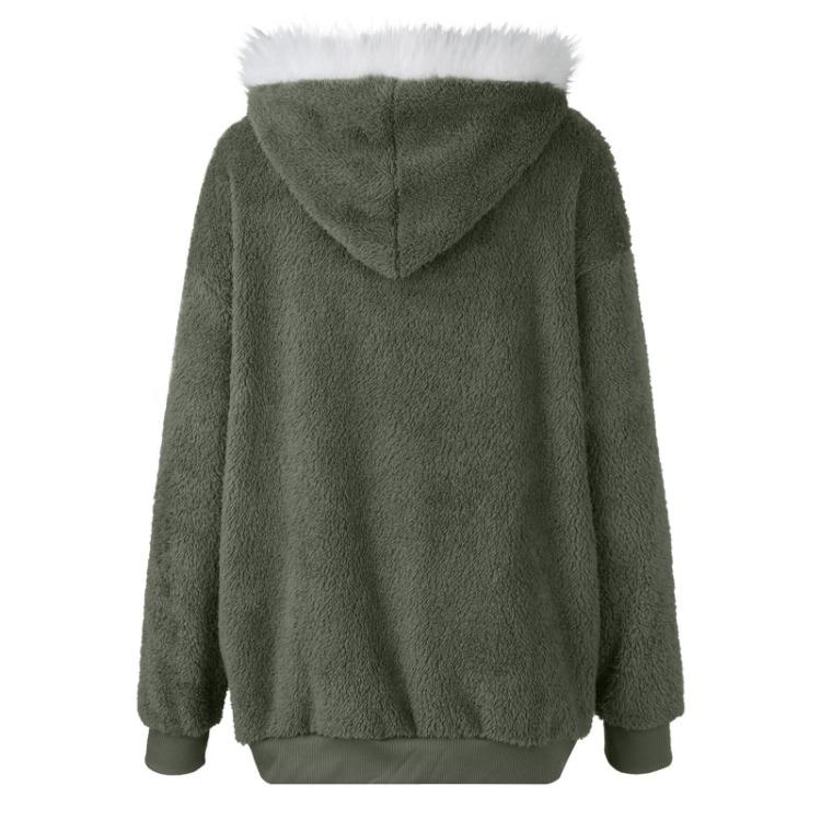 Women's Casual Solid Color Loose Plush Hooded Jacket With Pockets Zippered