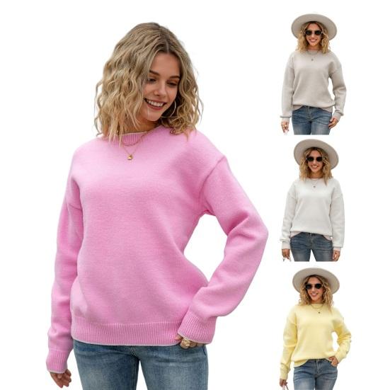 Women Sweater Tops Round Neck Long Sleeve Ribbed Hem Cuff Knitting Tops with Back Bow Decor Solid Color Knitwear