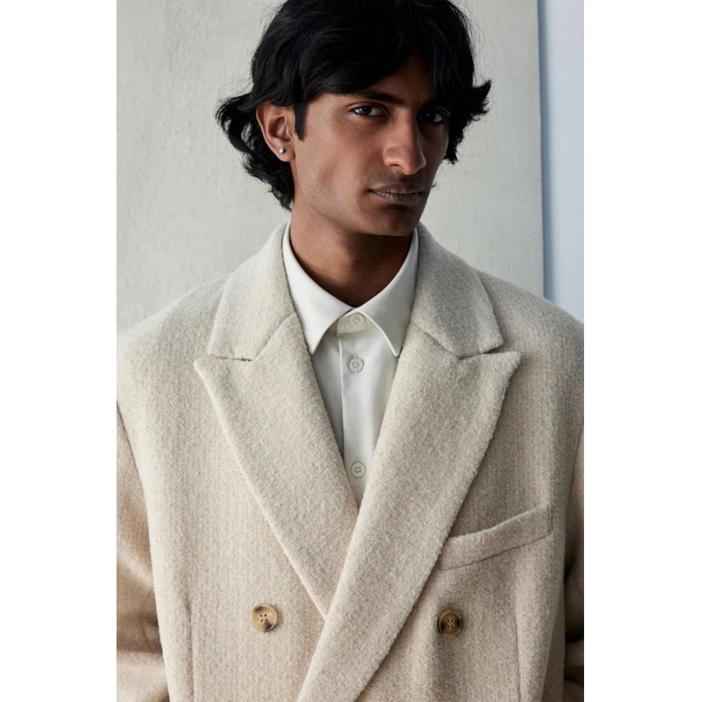 H M Double Breasted Wool Blend Coat Beige