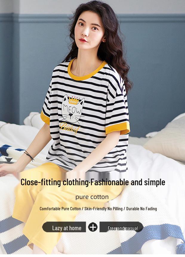 Aifen Teng Women's Summer Cotton Pajama Set: Short Sleeve Top & Three-Quarter Pants, Plus Size, All Cotton
