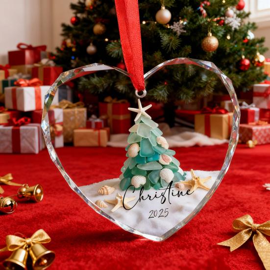 Sea Glass Christmas Ornaments Handcrafted Coastal Xmas Tree Ornament with Starfish Seashell Decor for Sea Lovers Holiday Party Decor