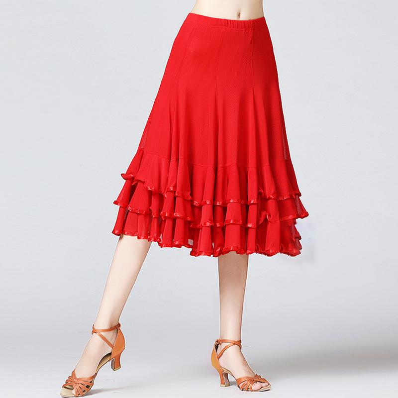 Woman Solid Ballroom Waltz Dance Ruffles Skirt Modern Tango Skirt Medium Length Dance Skirts