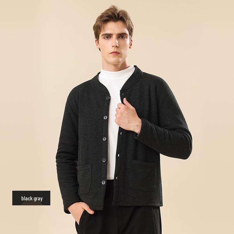 

Мужской кардиган из шерстяного флиса на подкладке со стойкой - машинная стирка, осенняя одежда для среднего и пожилого возраста XL черный серый