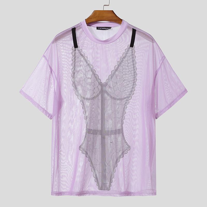 INCERUN Men Short Sleeves 3D Print See Through Casual Mesh Sheer Tee T-shirts 2XL paars