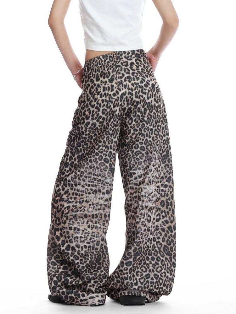Unisex Retro Leopard Print High Waist Wide Leg Jeans - Trendy American Style