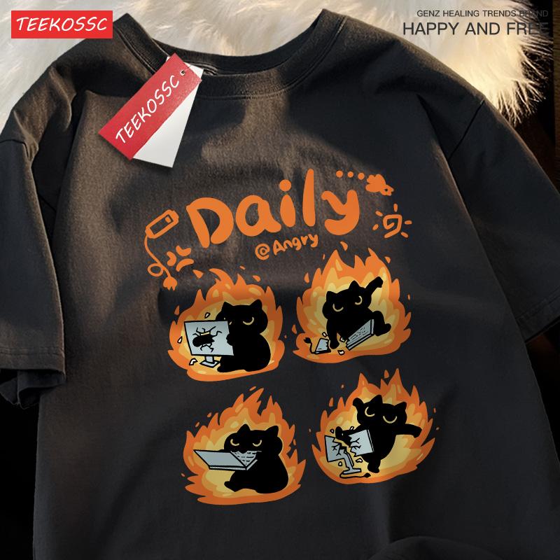 

Daily Angery Black Cat Printing Mens T-Shirt All-Match Casual Short Sleeve Cotton Summer Streetwear Hip Hop Loose Clothes 4XL