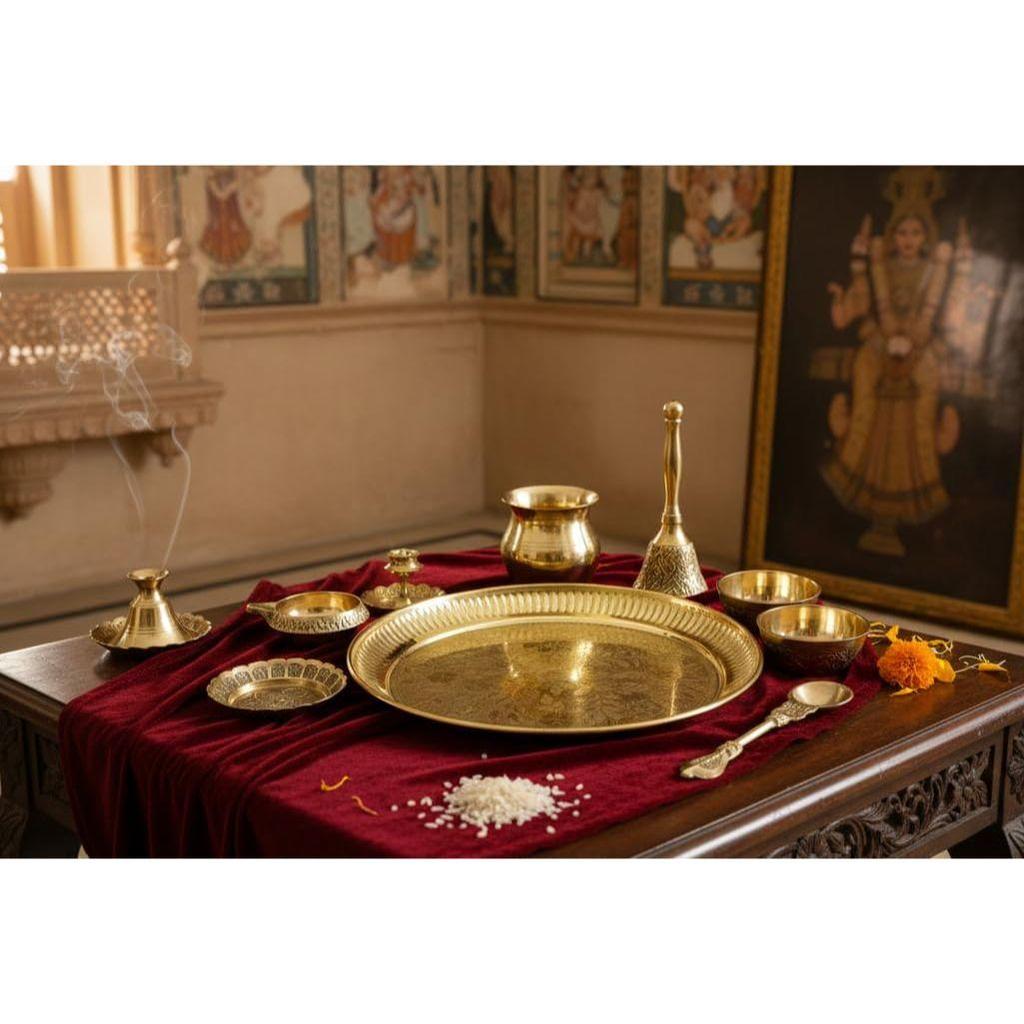 Reines Messing Pooja Thali Set 9 Teile | 20,32 cm