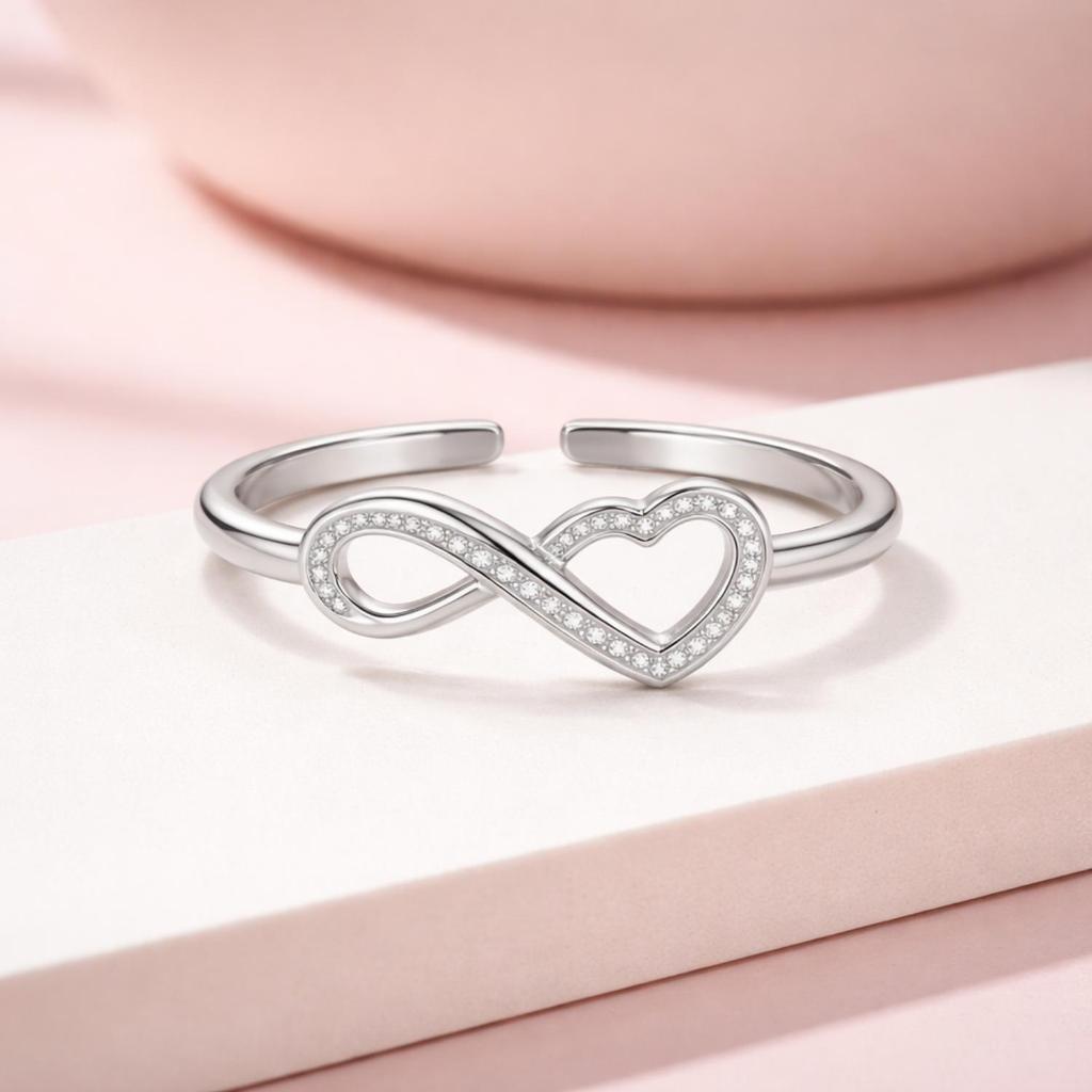 Infinity Heart Eternal Love Open Adjustable Band Ring –925 Sterling Silver
