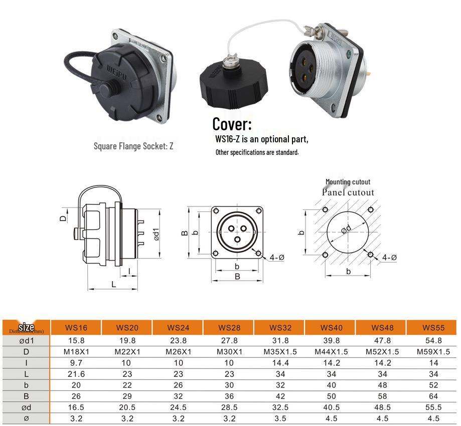 Weipu WS55 Aviation Plug: 4-core, 7-core, 40-core, 53-core, 61-core, Male Plug & TQ Female Square Socket Connector.