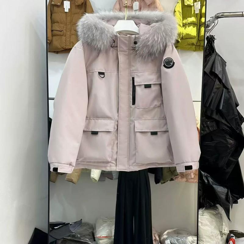 Womens Short Puffer Jacket With Detachable Faux Fur Collar Loose Fit 90% White Duck Down Winter Coat