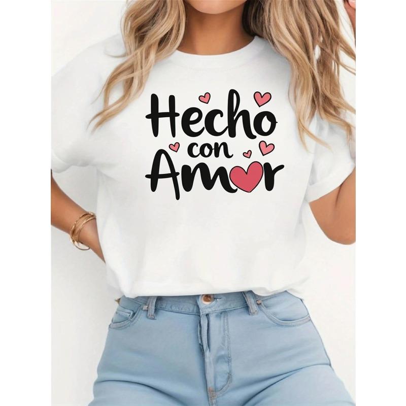

European Size Hecho Con Amor Graphic Tee Womens White Casual Short Sleeve T Shirt Daily Wear Summer Fashion Cute Heart Print Top Travel Clothing 4XL
