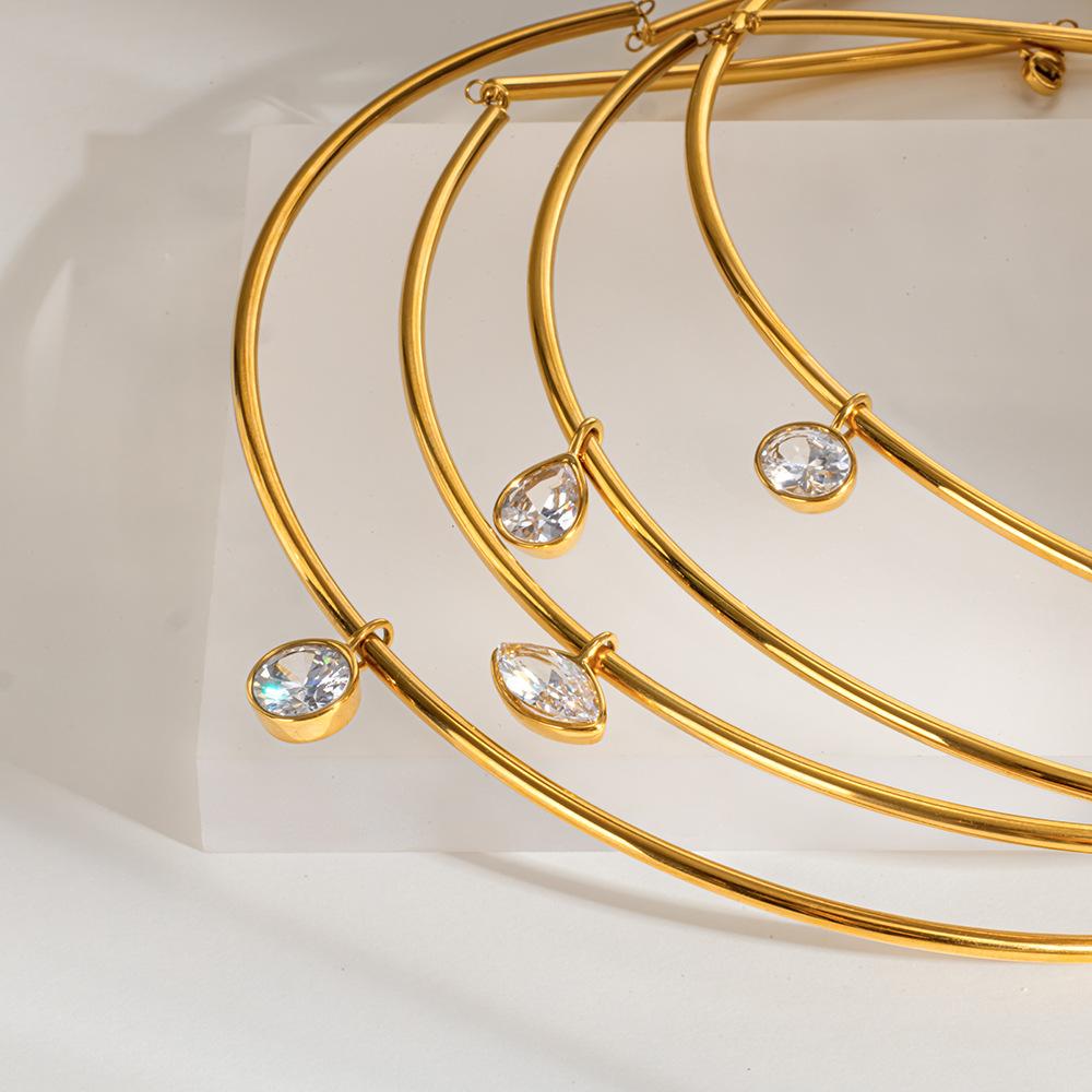 ins simple and fashionable water drop geometry single zircon pendant necklace round tube splicing collar stainless steel jewelry