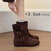 Retro Inner Heightening Short Boots Women's Autumn and Winter New Round-headed Martin Boots Flat-bottomed and Thin Stacked Western Cowboy Boots