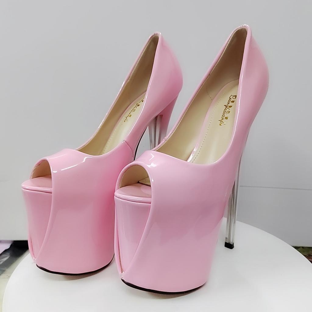 Crossdresser Sexy Stilettos 19 22cm Thin High-Heeled Patent Leather Platforms Shoes Woman Evening Party Peep Toe Pink Pumps