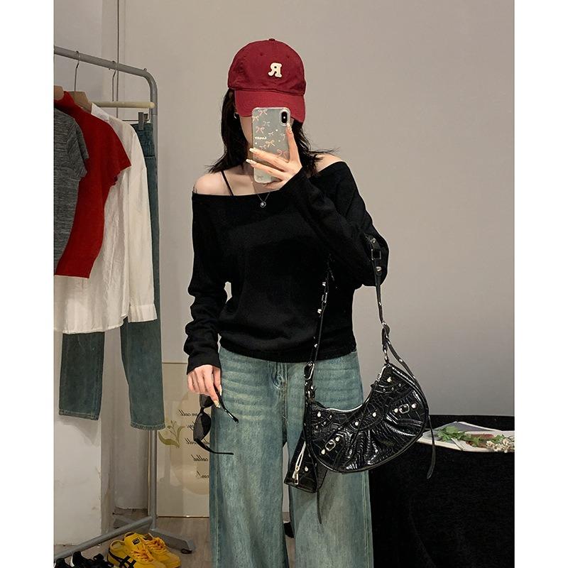 Spring Autumn Sloping Shoulders Solid Color T-shirt Women Long Sleeve Casual Fashion All-match Pullover Tee Top