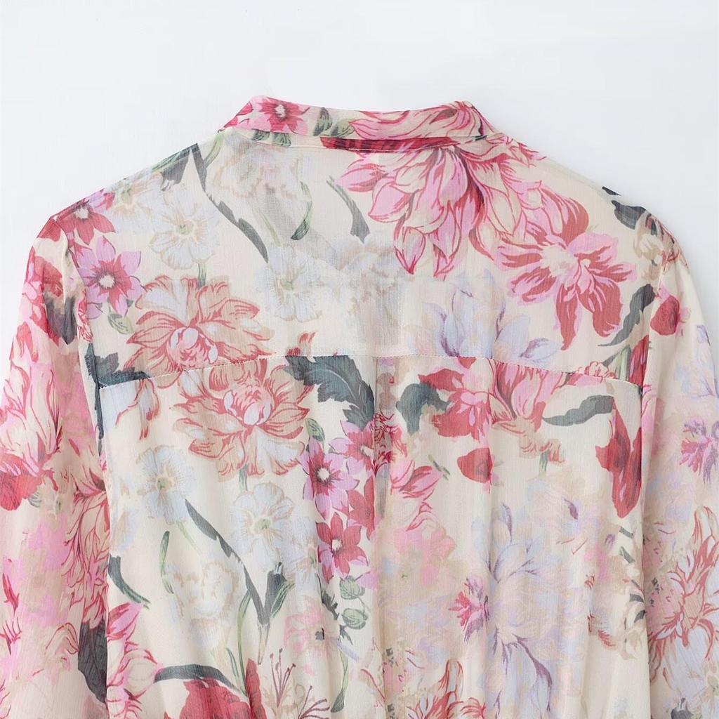 Spring 2025 Floral Print Belted Midi Dress with Bow Collar and Long Sleeves for Women.