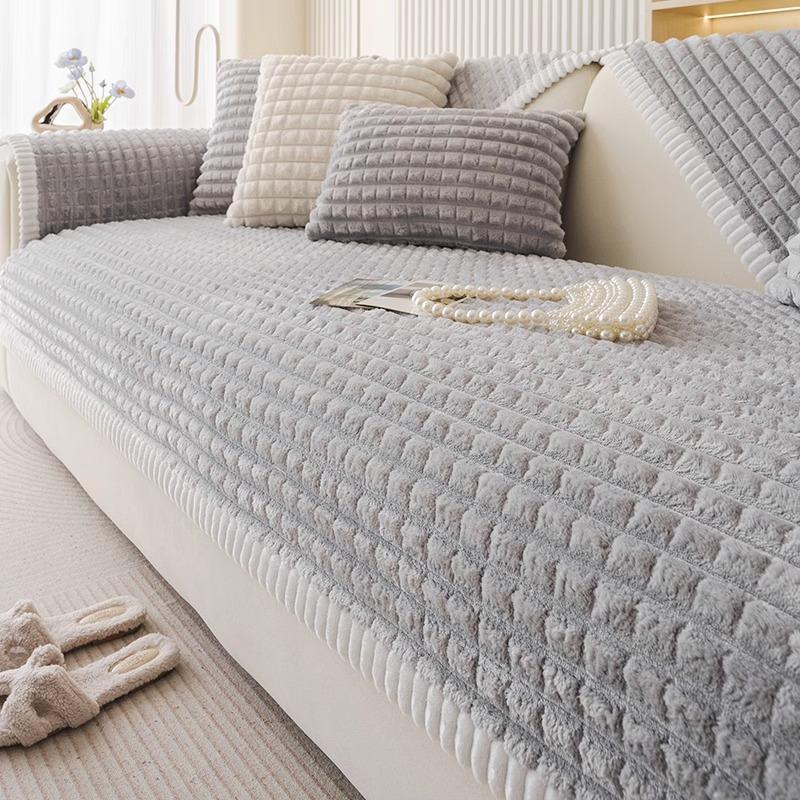 Nordic Simple Sofa Cushion Winter Plush Seat Cushion Straight Row Chinese Retro Thickened Non-Slip Flannel Sofa Cover