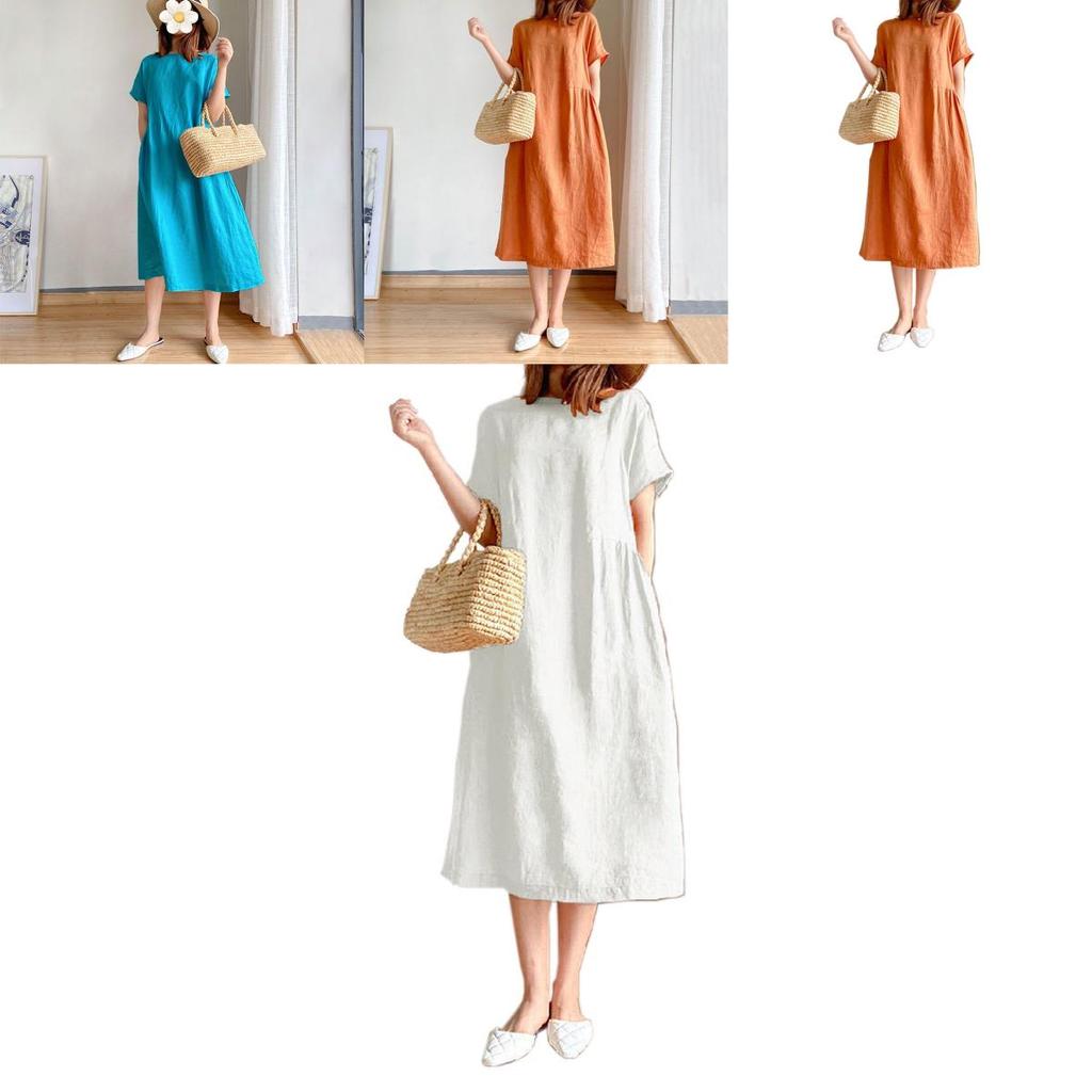 Luxurious Cotton Loose And Thin Dress For Women With Short Sleeves And Round Neck