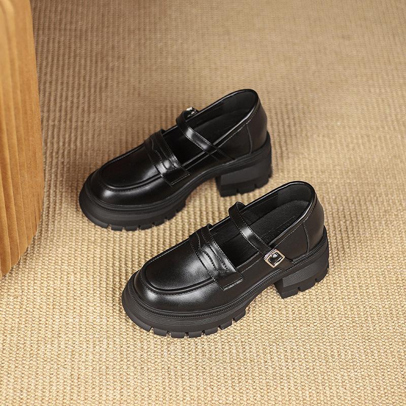 

9lm thick-soled women s autumn small retro single shoes inner height increase black British small leather shoes small size 38