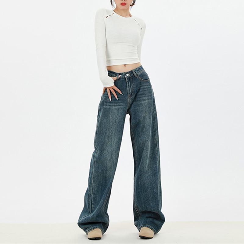 American High Street Women's Retro Slimming Straight & Wide Leg Jeans - Spring/Autumn 2025, Loose Casual Fit