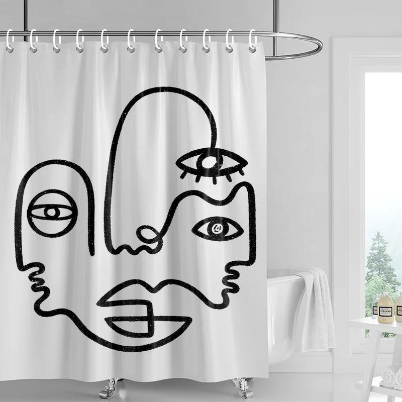 

Abstract Top Line Art Waterproof Shower Curtain-Black And White Modern Bathroom Decorative Shower Curtain 180X180Cm W60H190(CM)-1 Pcs