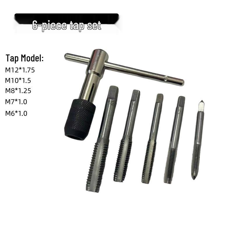 6-Piece Hand Tap Threading Tool Set with T-Handle Wrench, M6-M12 High Hardness Straight Flute