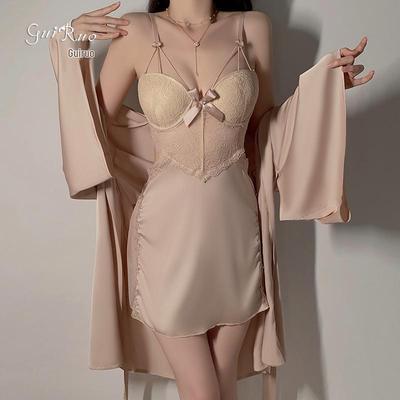 DZ Satin Lace Butterfly Decor Padded Underwire Backless Sexy Nightgown Robe Set 2044