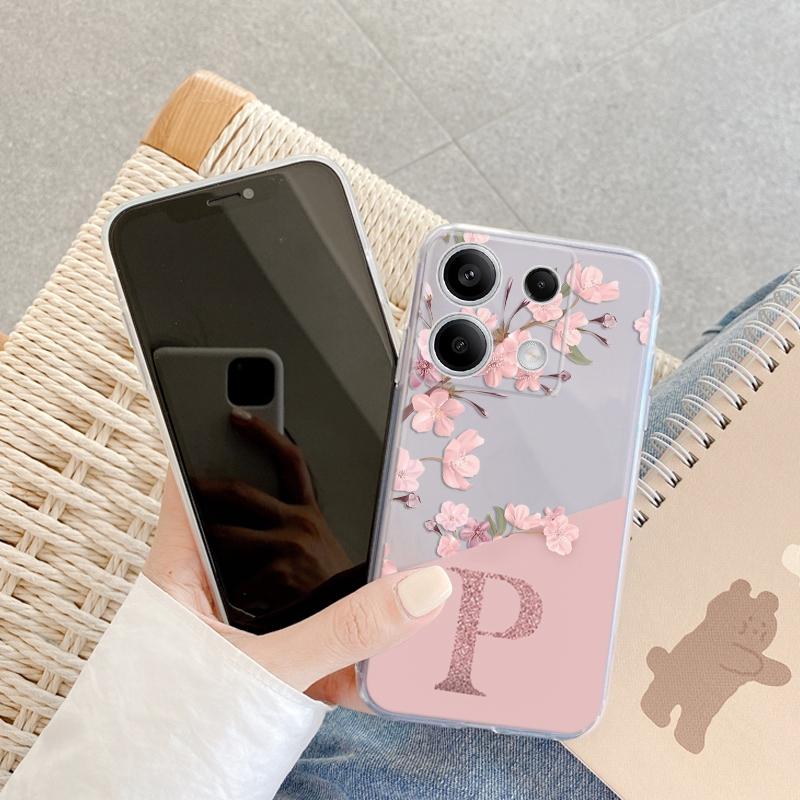 English Letter Flower Soft Clear Silicone Case For Redmi Note 13 Pro 13C 14C 14T Xiaomi 14 Poco C65 M6 Pro F6 Pro Camera Protective Shockproof Cover