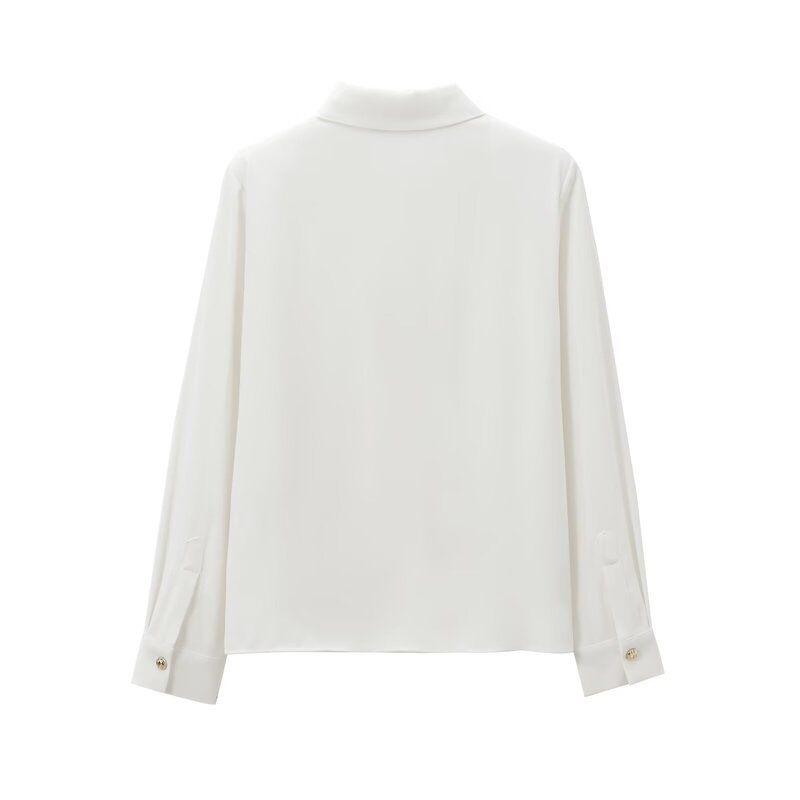 Fashion Style 2024 Fall and Winter New Women's Clothing Easiest for Match Padded Shoulder Decorative Crepe Long Sleeves Lapel Shirt 9258572