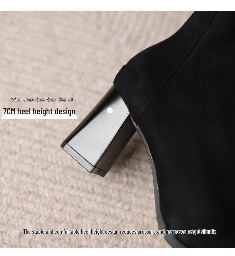 Women's Genuine Leather Suede Chunky Heel Ankle Boots - Pointed Toe, Slimming Design, 2025 Autumn/Winter Collection