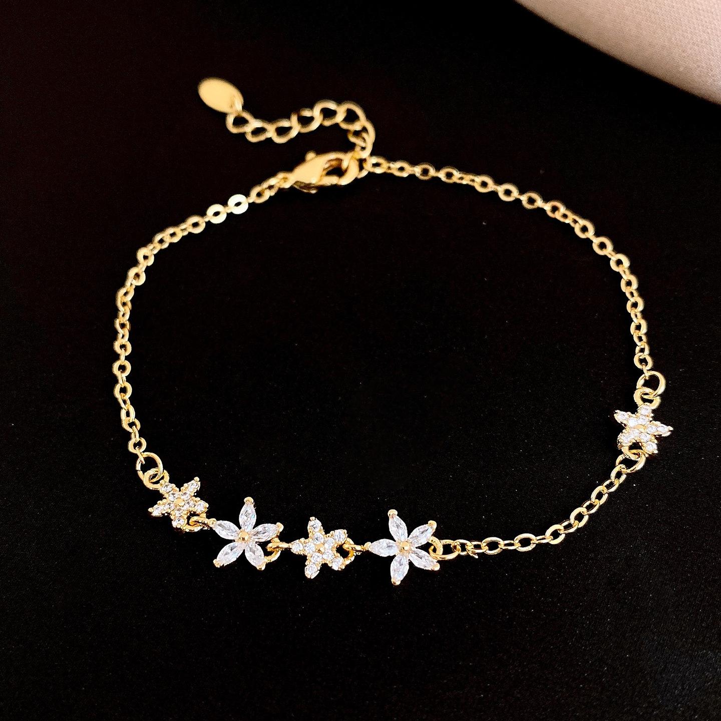 18k real gold electroplated zircon flower bracelet versatile bracelet retro simple jewelry women