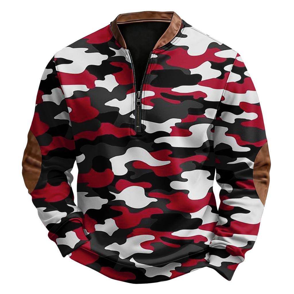 Men's Casual, Trendy, Retro American Camouflage Printed Round-neck Long-sleeved Half-pull One-piece Sweatshirt