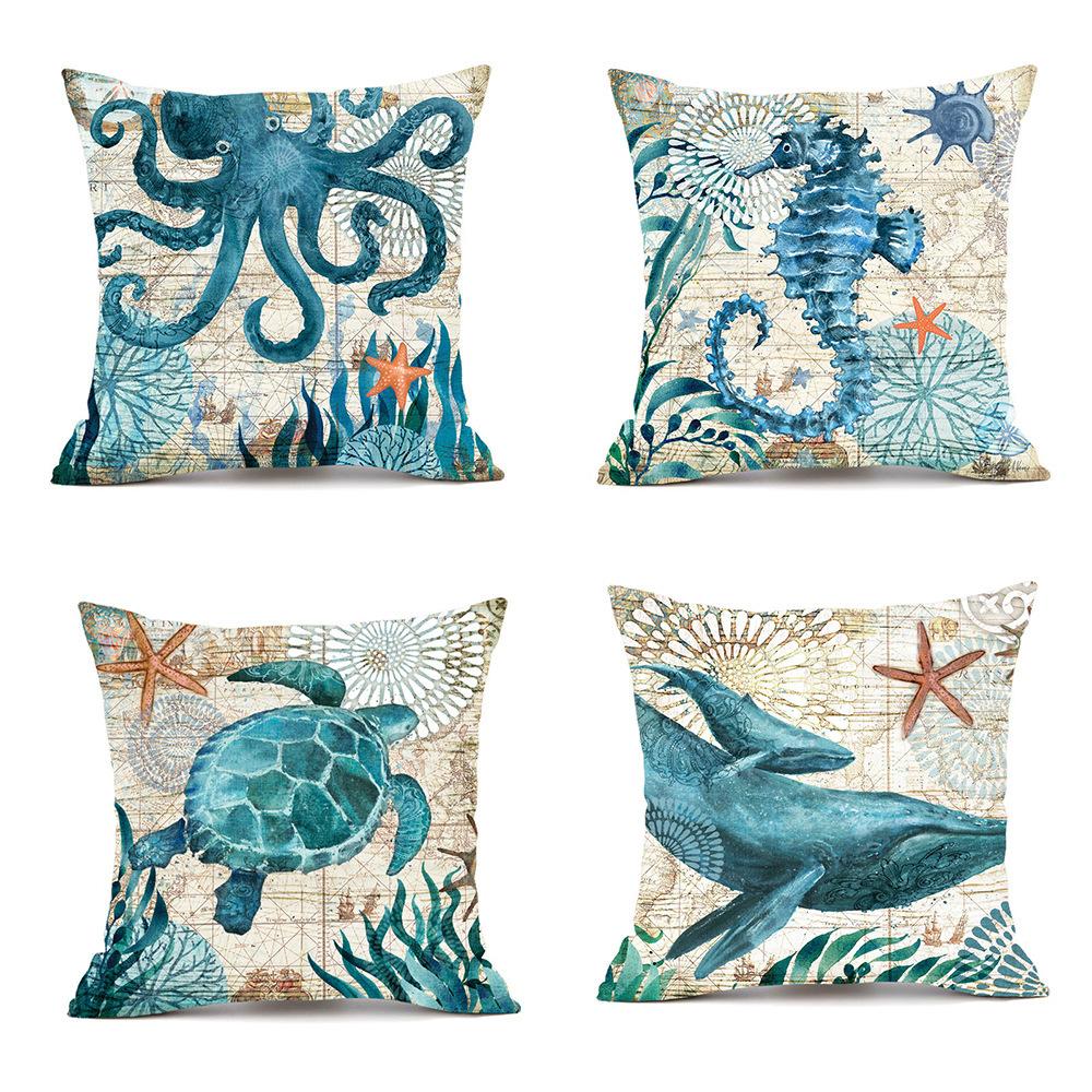 Marine Life Turtle Cushion Cover Pillow Case Living Room Bay Window Linen Cushion Cover