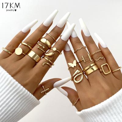 17KM Vintage Gold Color Snake Ring Set  20Pcs/Set Geometric  Butterfly Adjustable Rings for Women Girls Fashion  Jewelry Gift