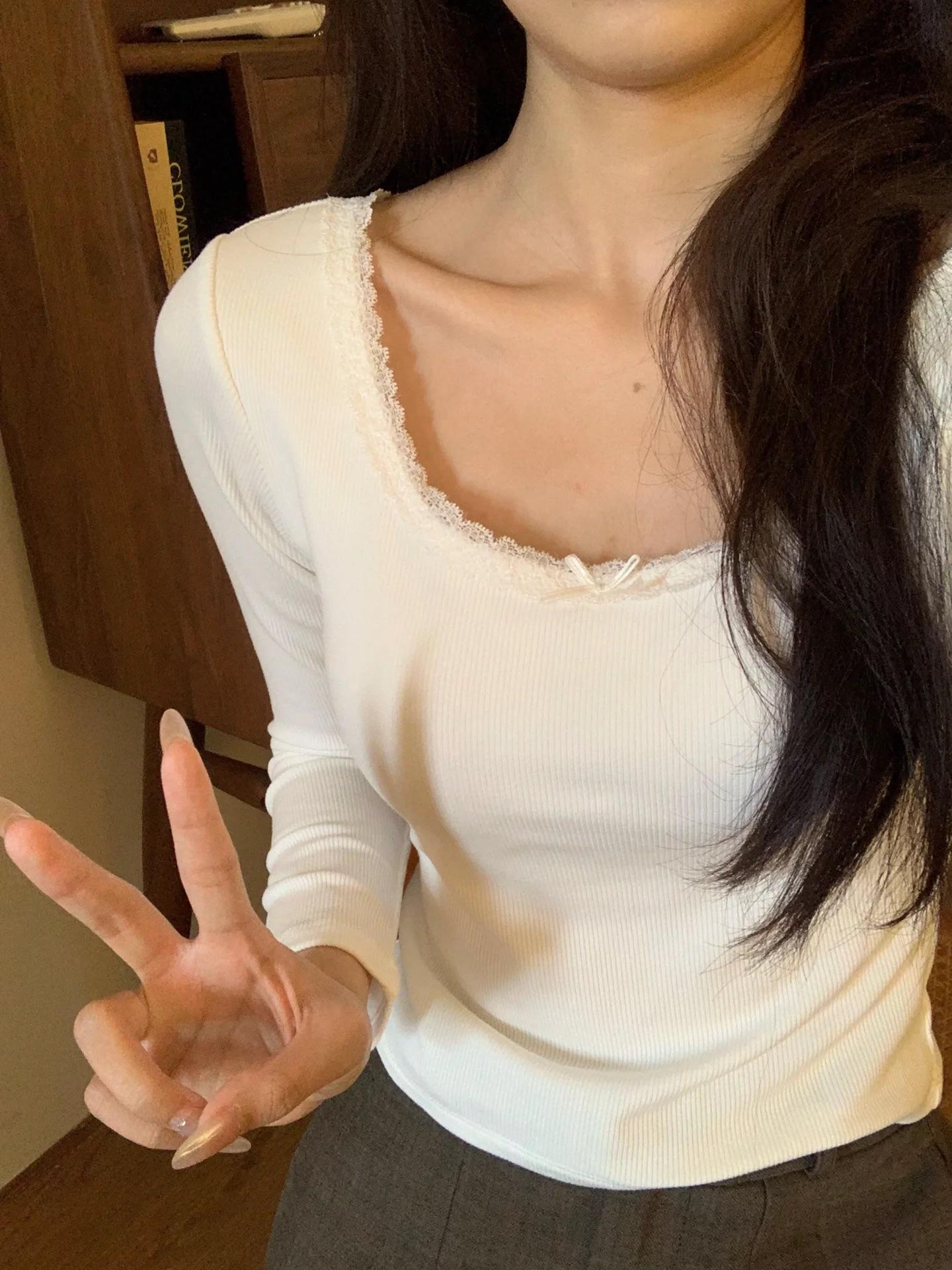 Women s Square Neck Long Sleeve Tee Slim Fit Commuter Lace Bow Solid Crop Base Top S